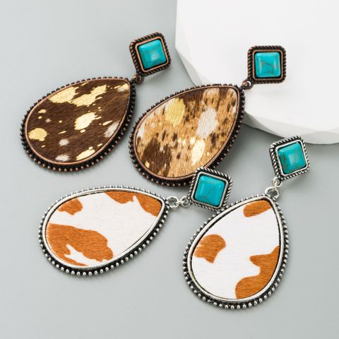 Retro Cow Pattern Water Droplets Leopard Pu Leather Alloy Inlay Turquoise Women's Drop Earrings 1 Pair