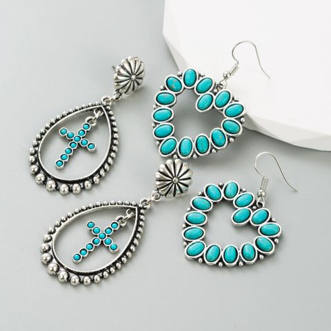 1 Pair Retro Cross Water Droplets Heart Shape Inlay Alloy Turquoise Drop Earrings
