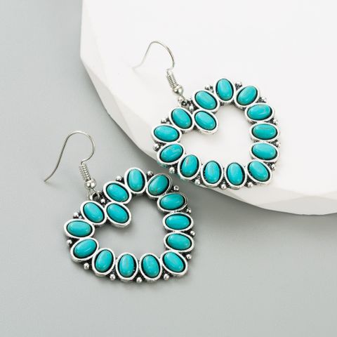 1 Pair Retro Cross Water Droplets Heart Shape Inlay Alloy Turquoise Drop Earrings