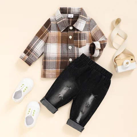 Fashion Plaid Polyester Boys Clothing Sets