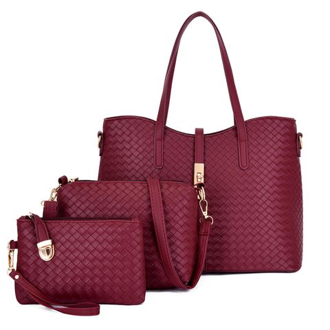 Women's Large Pu Leather Solid Color Vintage Style Weave Square Zipper Bag Sets