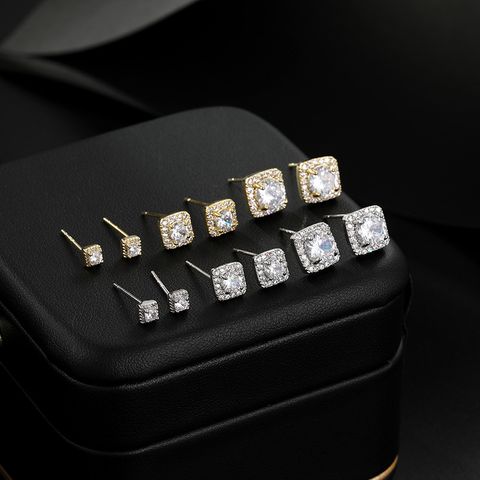 Fashion Square Copper Ear Studs Inlay Zircon Copper Earrings 3 Pairs