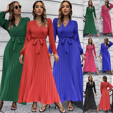 British Style Solid Color V Neck Long Sleeve Ruched Polyester Dresses Midi Dress Pleated Skirt