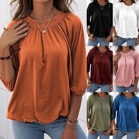 Women's T-shirt 3/4 Length Sleeve Blouses Patchwork Simple Style Solid Color