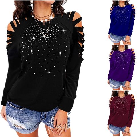 Fashion Starry Sky Cotton Round Neck Long Sleeve Raglan Sleeve Ripped Diamond T-shirt