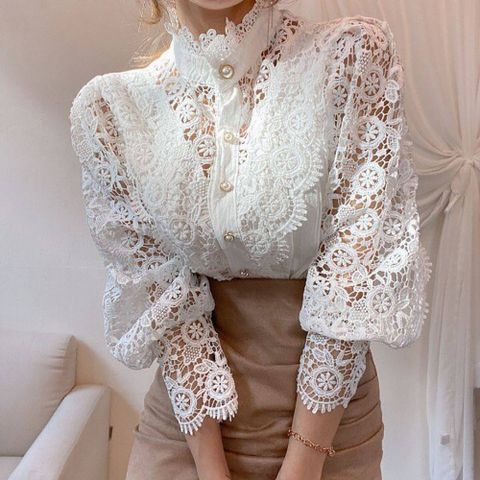 Women's Blouse Long Sleeve Blouses Patchwork Hollow Out Elegant Solid Color Flower