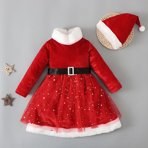 Navidad Moda Color Sólido Lentejuelas Poliéster Vestidos Para Niñas