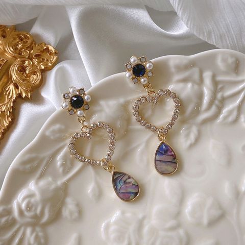Glam Heart Shape Alloy Inlay Artificial Pearls Rhinestones Women's Drop Earrings 1 Pair