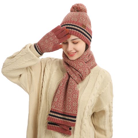Unisex Fashion Stripe Flower Knit Winter Scarves 3 Piece Set