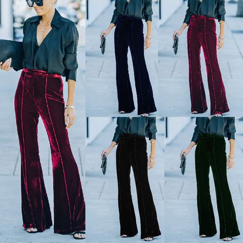 Women's Street Fashion Solid Color Full Length Zipper Patchwork Flared Pants