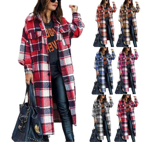 Women's Vintage Style Plaid Printing Pocket Single Breasted Blouse Coat