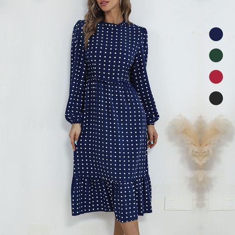 Women's A-line Skirt Vintage Style Round Neck Printing Long Sleeve Polka Dots Midi Dress Daily