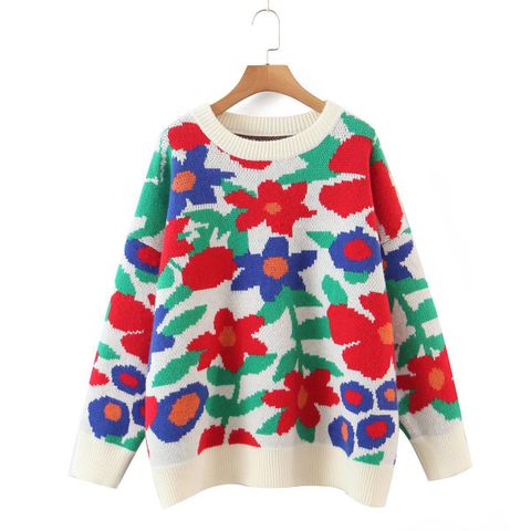 Fashion Flower Polyester Round Neck Long Sleeve Regular Sleeve Jacquard Sweater