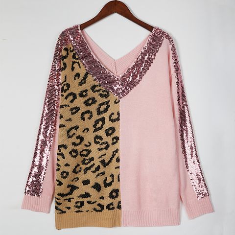 Women's Sweater Long Sleeve Sweaters & Cardigans Sequins Fashion Leopard
