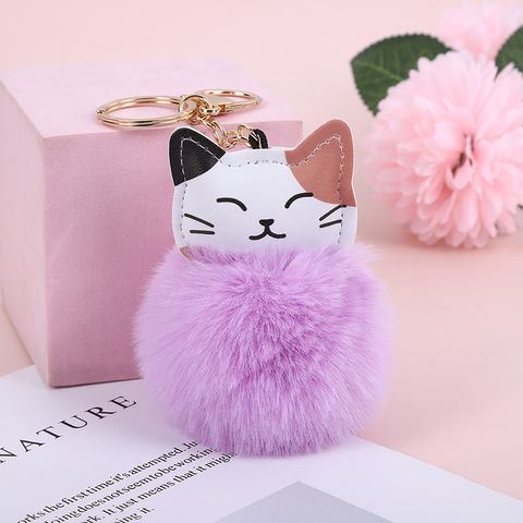 Cute Cat Pu Leather Alloy Plush Printing Bag Pendant Keychain