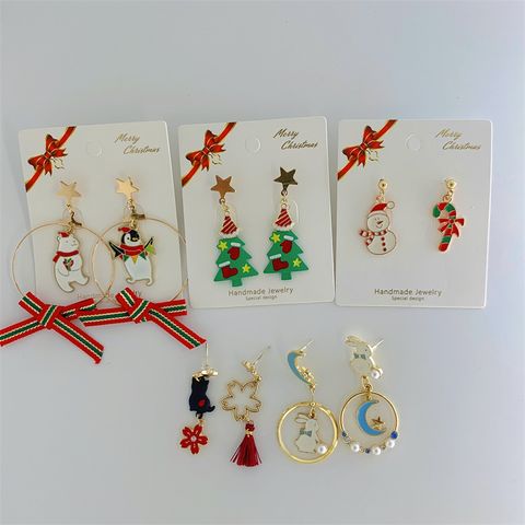 Cute Christmas Tree Snowman Alloy Inlay Artificial Gemstones Artificial Pearls Women's Drop Earrings 1 Pair
