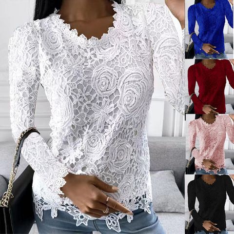 Women's Chiffon Shirt Long Sleeve Blouses Lace Fashion Flower