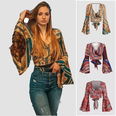 Women's Blouse Long Sleeve Blouses Ethnic Style Printing