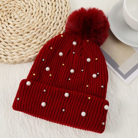 Women's Simple Style Solid Color Pearl Crimping Wool Cap