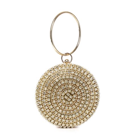 Gold Silver Polyester Metal Solid Color Rhinestone Round Evening Bags