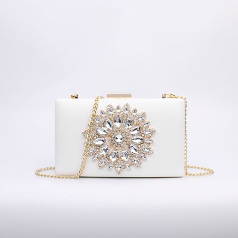 White Red Black Pu Leather Flower Rhinestone Square Evening Bags
