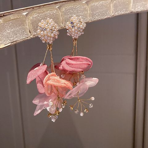 Sweet Flower Alloy Cloth Inlay Crystal Rhinestones Pearl Women's Drop Earrings 1 Pair