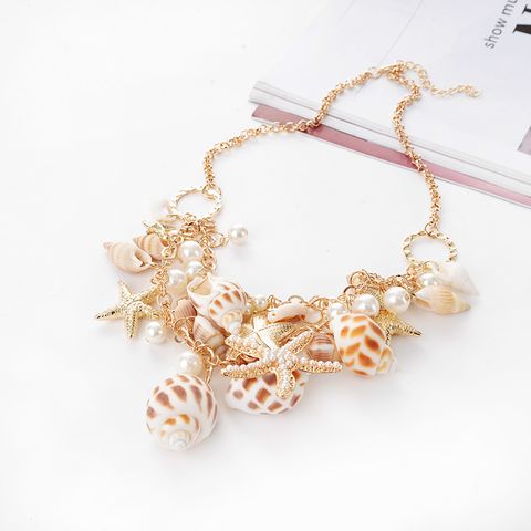 Beach Starfish Conch Alloy Patchwork Artificial Pearls Women's Pendant Necklace 1 Piece