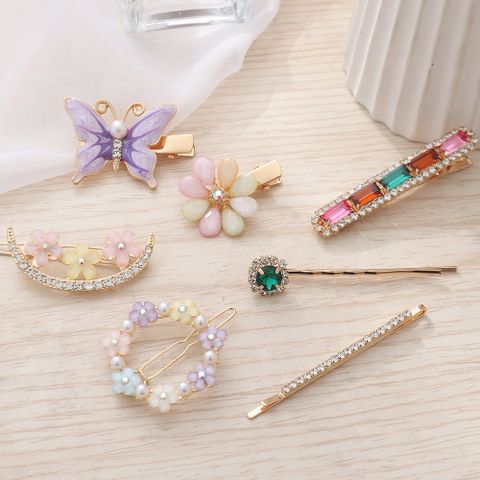 Sweet Flower Butterfly Alloy Inlay Artificial Crystal Hair Clip 1 Set