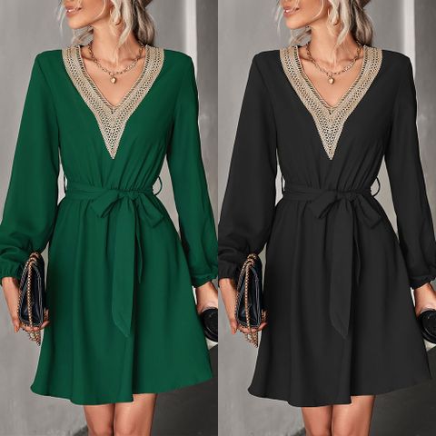 Women's A-line Skirt Fashion V Neck Patchwork Long Sleeve Solid Color Knee-length Daily