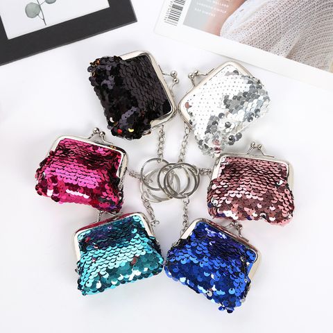 Women's Solid Color Pu Leather Sequins Zipper Coin Purses