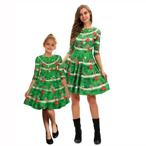 Fashion Christmas Tree Polyester Skirt Sets Above Knee Family Matching Outfits