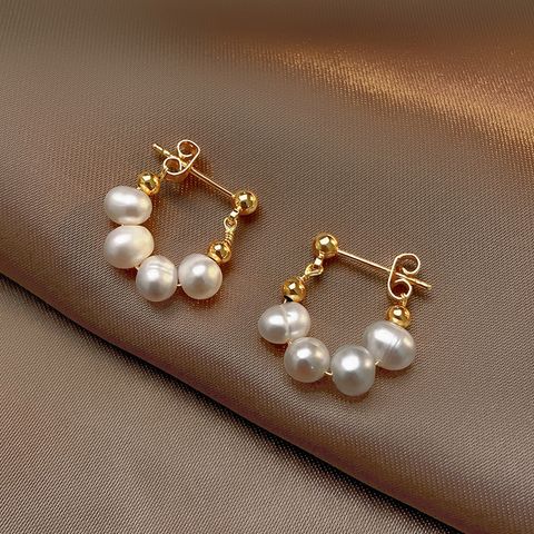 Elegant Geometric Copper Earrings Gold Plated Artificial Pearls Copper Earrings 1 Pair