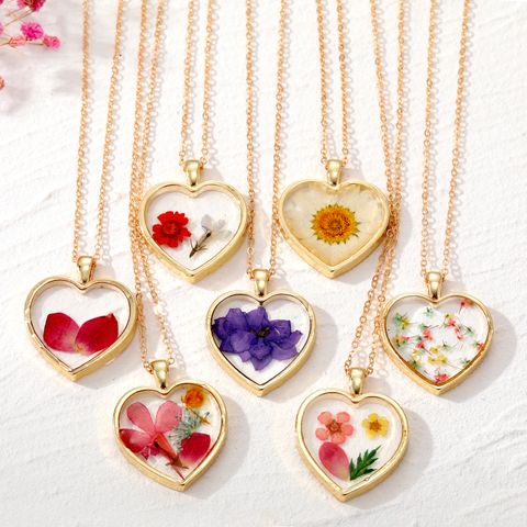 Simple Style Heart Shape Flower Alloy Epoxy Women's Pendant Necklace 1 Piece