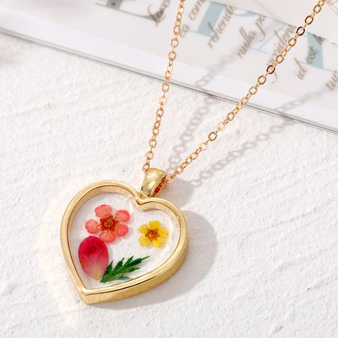 Simple Style Heart Shape Flower Alloy Epoxy Women's Pendant Necklace 1 Piece