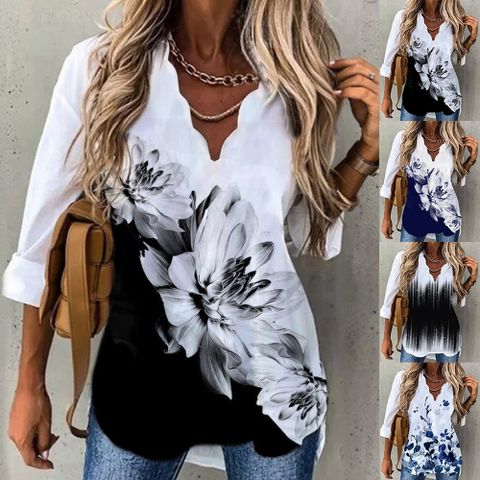 Women's T-shirt Long Sleeve Blouses Printing Ruffles Fashion Flower