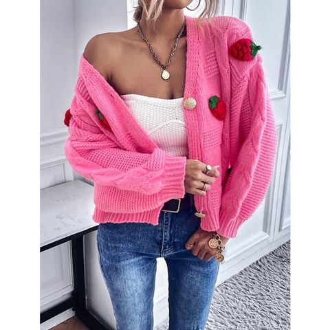 Women's Sweater Long Sleeve Sweaters & Cardigans Button Fashion Strawberry