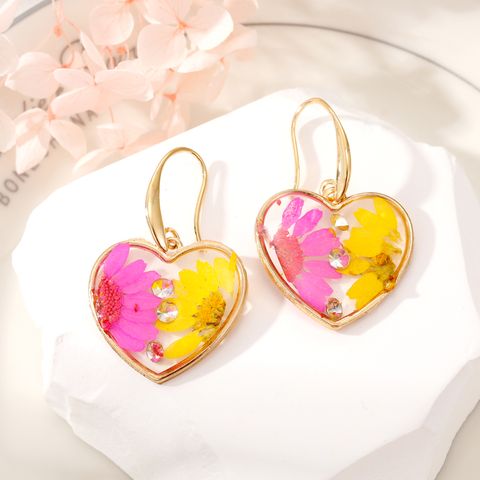 Simple Style Heart Shape Flower Alloy Epoxy Women's Dangling Earrings 1 Pair