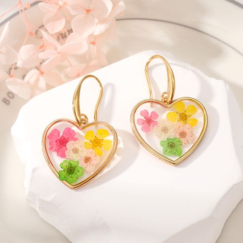 Simple Style Heart Shape Flower Alloy Epoxy Women's Dangling Earrings 1 Pair