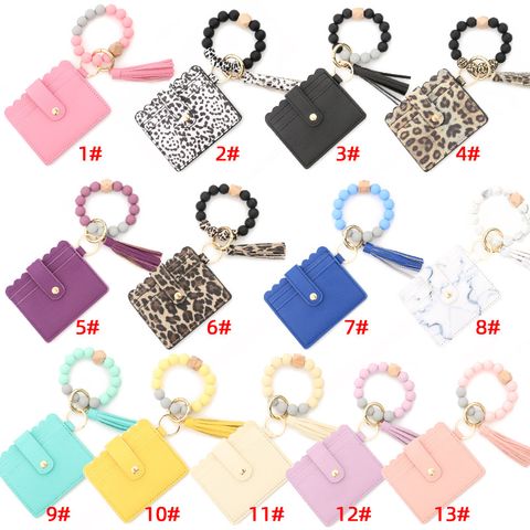 1 Piece Fashion Tassel Solid Color Leopard Pu Leather Beaded Women's Keychain
