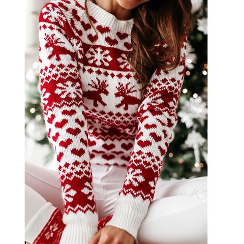 Fashion Snowflake Acrylic Round Neck Long Sleeve Regular Sleeve Patchwork Sweater