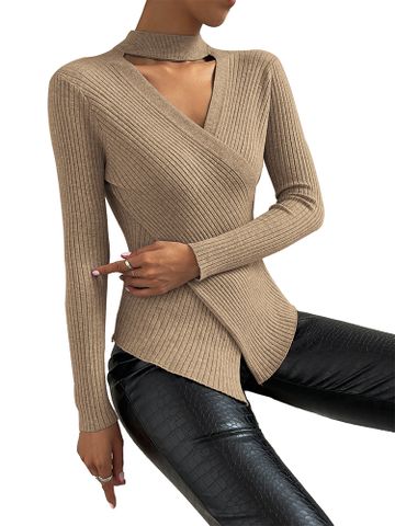 Fashion Solid Color Acrylic V Neck Long Sleeve Regular Sleeve Rib-knit Hollow Out Sweater