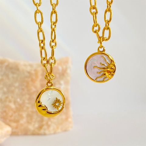 201 Stainless Steel 304 Stainless Steel Shell Retro Enamel Plating Inlay Sun Moon Shell Zircon Pendant Necklace