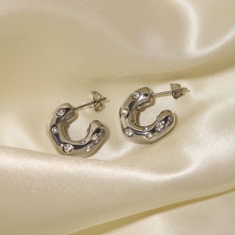 1 Pair Simple Style C Shape Inlaid Zircon Stainless Steel Hoop Earrings