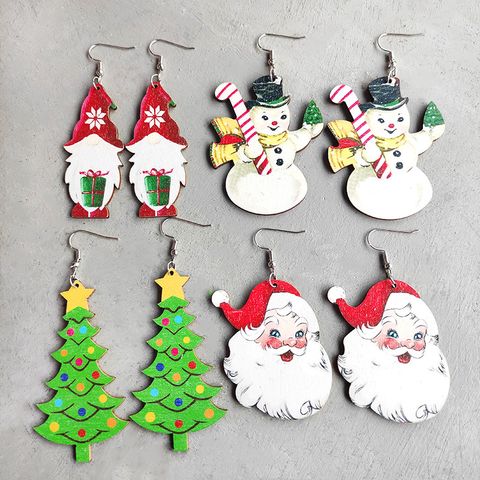 1 Pair Cute Christmas Tree Snowman Wood Drop Earrings
