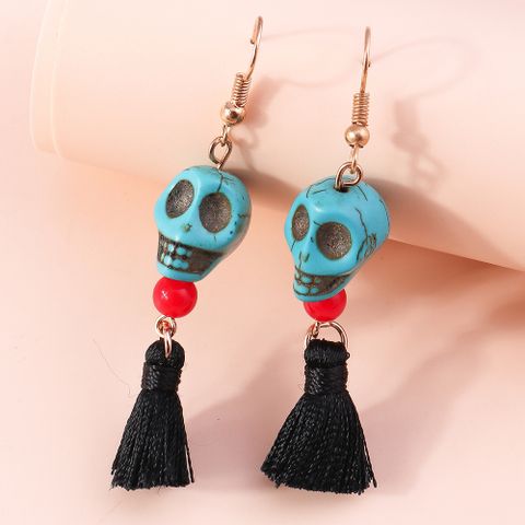 Funny Skull Turquoise Tassel Drop Earrings 1 Pair
