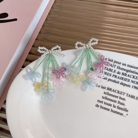 1 Pair Sweet Flower Bow Knot Beaded Imitation Pearl Women's Chandelier Earrings