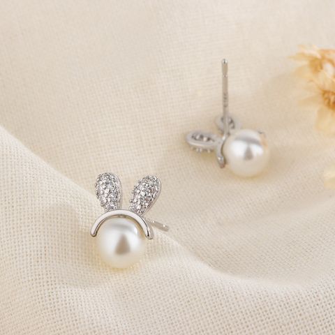 Fashion Bunny Ears Copper Plating Artificial Pearls Zircon Ear Studs 1 Pair