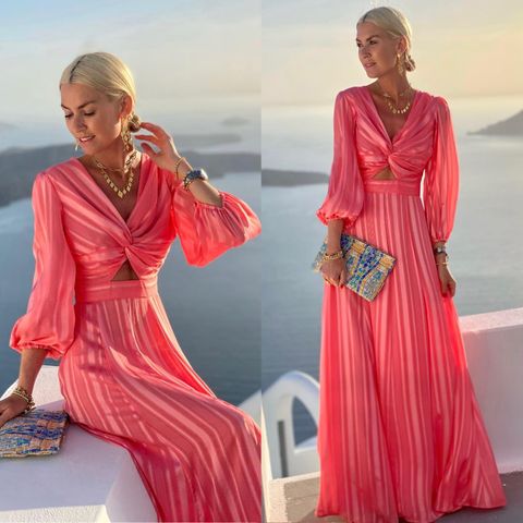 Women's Swing Dress Elegant V Neck Printing Pleated Long Sleeve Solid Color Maxi Long Dress Banquet