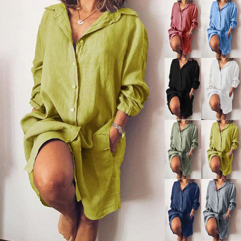 Women's Shirt Dress Casual Turndown Patchwork 3/4 Length Sleeve Solid Color Knee-length Daily