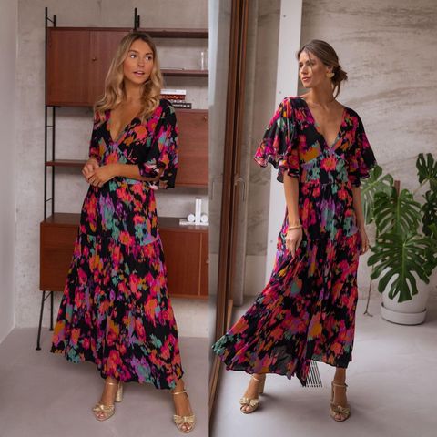 Women's A-line Skirt Casual V Neck Printing Patchwork Short Sleeve Flower Maxi Long Dress Daily